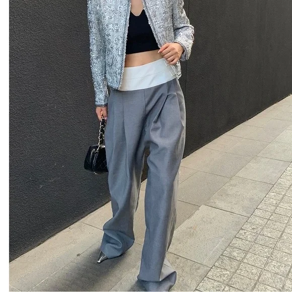 double waist contrast colorwide leg pants